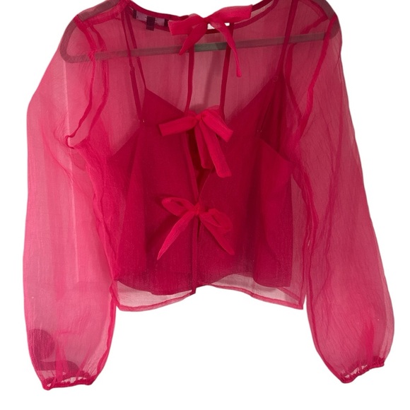 Lulus Street Style Chic Pink Chiffon Sheer Bow Tie-Back Long Sleeve Top Sz Small - Picture 4 of 7